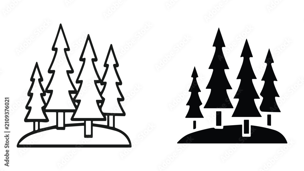 Obraz premium Set of pine tree icons, coniferous forest symbol, evergreen trees on a small hill, simple black and white line art and silhouette vector illustration