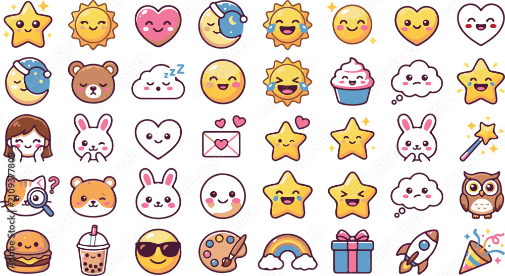 Fototapeta premium cute kawaii emoji and sticker icons set vector illustration colorful flat design
