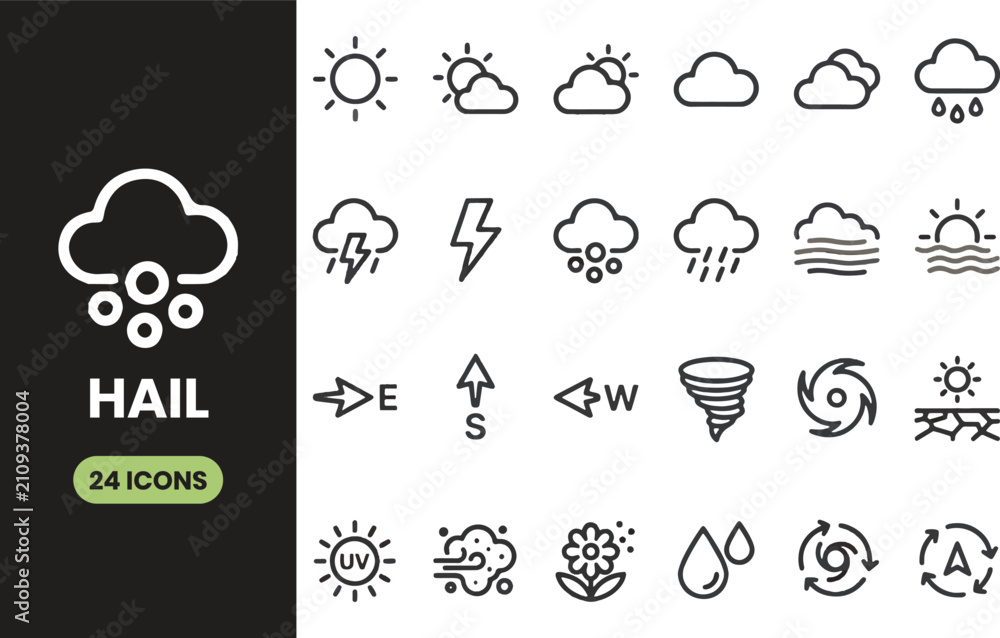 Fototapeta premium Hail and weather forecast line icon set vector elements design