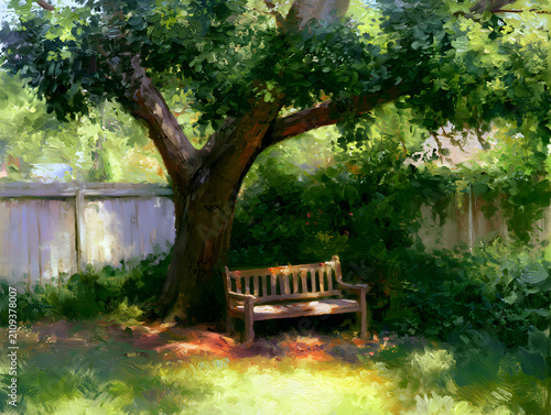 Peaceful Garden Bench Beneath a Large Tree Digital Painting