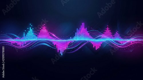 Glowing neon audio spectrum with vibrant blue and pink equalizer bars on a dark futuristic background.