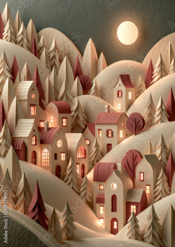 Premium Scandinavian paper cut Christmas landscape with snowy forests and warm village lights. Modern handcrafted holiday background with elegant copy space for seasonal greetings.