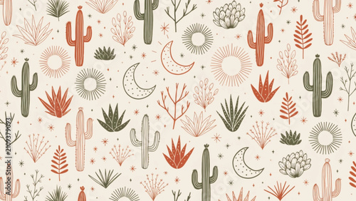 Cactus Seamless Pattern Desert Boho Mid Century Modern background 