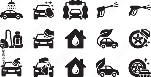 Car wash and vehicle maintenance service icons set featuring cleaning tools and automotive care procedures vector illustration