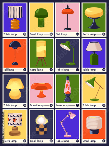 Cozy interior light, different lamp designs in retro style. Product cards, ma...