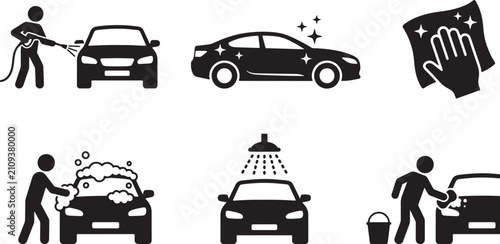 Car wash service icons set featuring cleaning processes and maintenance tasks in a simple black vector style
