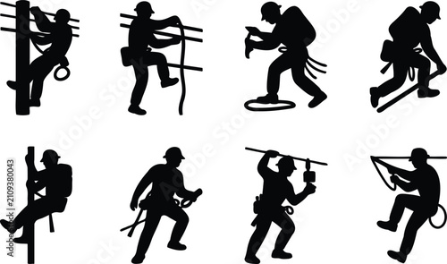 Schilderij op canvas Collection of eight black silhouette illustrations depicting utility workers per