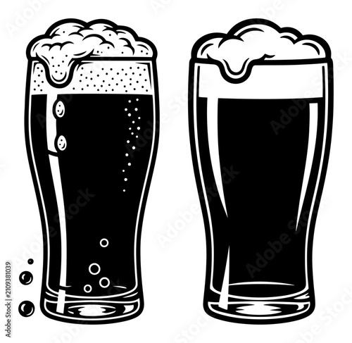 Beer glasses with foam woodcut style illustration, cold lager or ale for pub and brewery menu