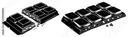 Obraz na płótnie Chocolate bar chunks and broken pieces with nuts woodcut style, sweet cocoa dess