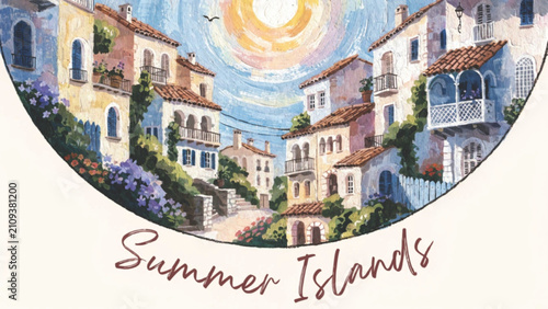 Gouache Hand painted Mediterranean Town vector background 