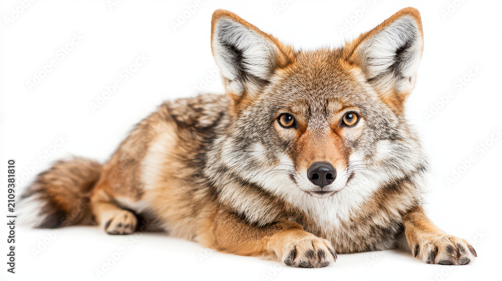 Fototapeta premium Close up of coyote resting white background, showcasing its detailed fur and expressive eyes. animal appears calm and alert, embodying essence