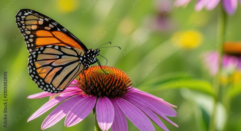 Obraz premium A vibrant monarch butterfly with orange and black wings rests gracefully on a blooming purple wildflower in a sunlit meadow during summer, summer, ecology, detailed