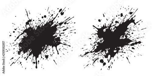 Cuadro en lienzo Two large black ink splatters with messy drips and spray dots for artistic graph
