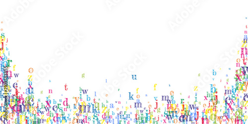 Falling letters of English language. Colorful childish flying characters of Latin alphabet. Foreign languages study concept. Back to school banner on white background.