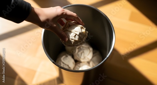 Hand throwing a crumpled paper ball into a metal waste bin indoors
