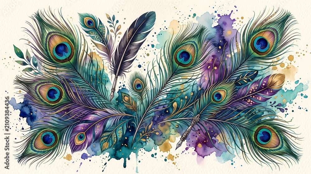 Obraz premium Decorative Feather Collection Watercolor Illustration with Peacock Feathers, Elegant Quills and Colorful Plumes