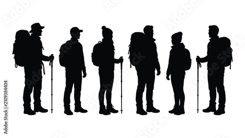 Foto Black silhouettes of hikers with backpacks and trekking poles