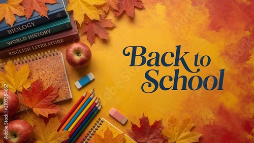 Back to School Autumn Background with Books, Apples and Colorful Pencils