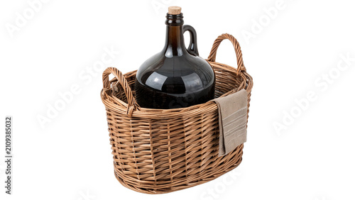 Quadro su tela Large empty dark amber glass bottle carboy inside wicker basket isolated on tran
