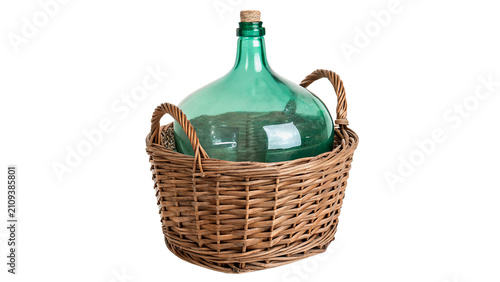 Foto Large glass carboy wine bottle in wicker basket container isolated on transparen