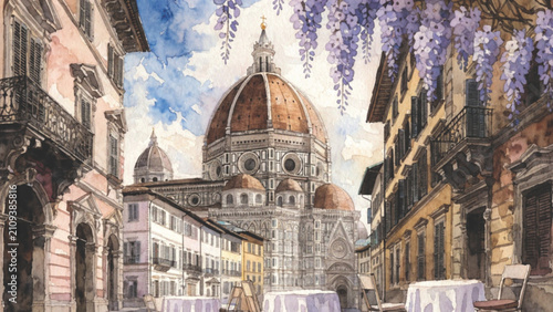A charming European street leading to the magnificent Florence Cathedral vector background 