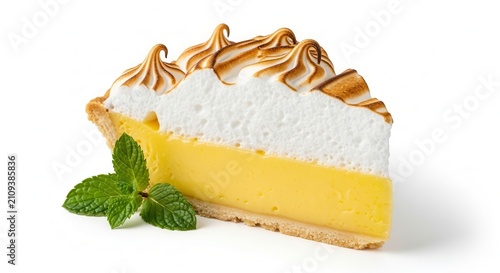 Delicious Slice of Lemon Meringue Pie with Mint Garnish on White