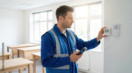 Technician calibrating a digital thermostat and motion sensor in a bright, modern room