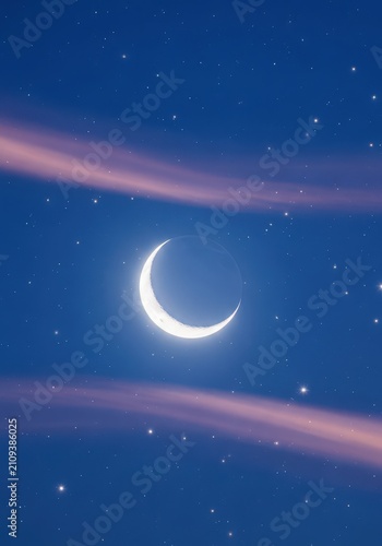 A glowing silver crescent moon hangs delicately in a deep indigo twilight sky, surrounded by twinkling stars and faint wisps of soft clouds, dark, galaxy, ethereal
