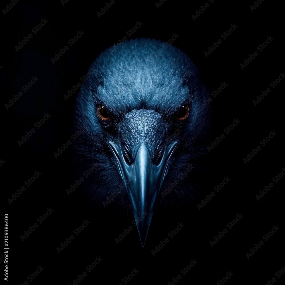 Obraz premium Dark crow face glows against black background