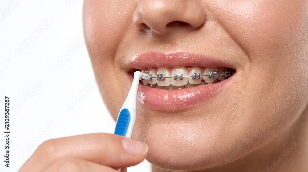 Naklejka premium Close up smile with dental braces using blue interdental brush to clean teeth view view