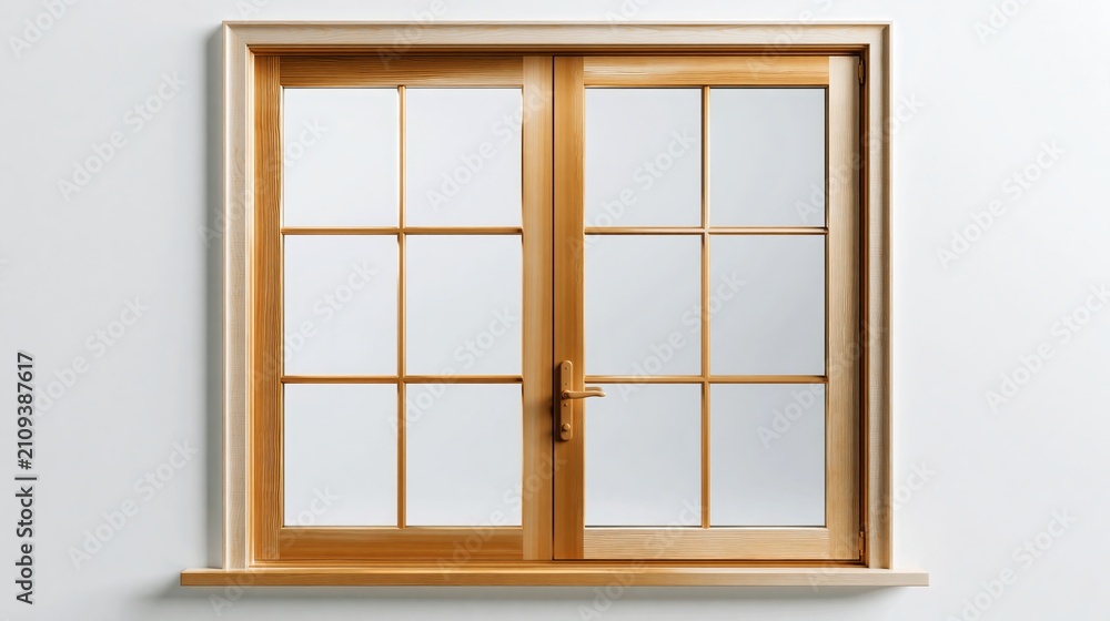 Fototapeta premium Wooden window frame sits against white background.