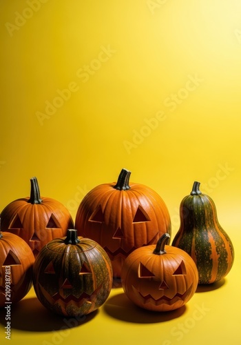 Vibrant Halloween pumpkins arranged on a bright yellow background, perfect for seasonal designs and spooky autumn marketing, celebration, pumpkin, joyful