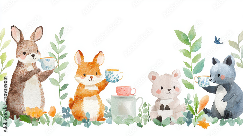 Fototapeta premium Cute watercolor illustration featuring playful animals enjoying tea time lush garden setting. scene includes rabbit, fox, raccoon, and bear