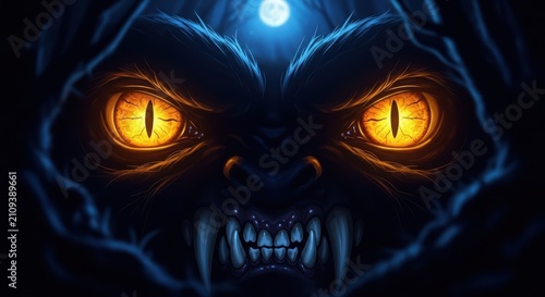 A close-up view of glowing amber eyes and sharp white teeth emerging from the shadows of a dense, primeval forest under a full moon night, strength, instinct, feral