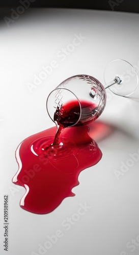 A crystal glass lies on its side atop a clean white table, dark red wine spilling out across the surface in a vibrant, fluid puddle, contrast, close-up, still life