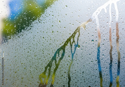 A close-up shot of a window pane covered in thick white condensation and delicate water droplets forming patterns against a blurry background, moisture, transparent, droplets