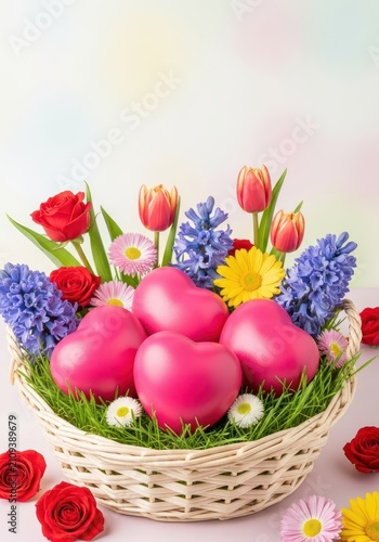 A festive basket filled with pink heart shaped eggs nestled in pastel grass surrounded by delicate red roses and spring floral blossoms, background, romantic, sweet