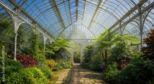 A grand vintage style glasshouse filled with lush tropical ferns and exotic plants under a clear sky with soft sunlight streaming in, horticulture, green, indoor