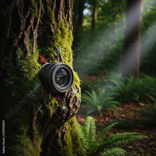A high-tech camera lens is seamlessly integrated into the bark of an old mossy tree in a dense forest, observing the wild surroundings, environment, hardware, investigation