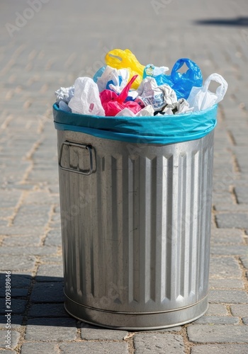 A metallic silver waste container sits outdoors on a paved surface, filled with discarded paper and plastic bags under bright daylight, round, outdoor, metal