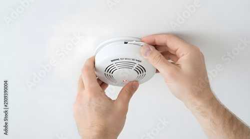 Hands Installing and Testing Smoke Detector on White Ceiling at Home