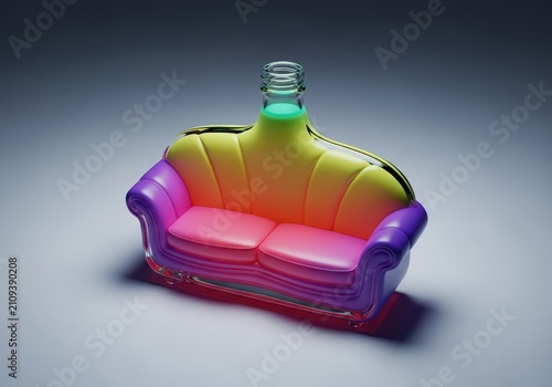 A unique glass bottle crafted into the shape of a miniature plush sofa with elegant curves, resting on a clean surface with soft lighting, interior, clear, artistic