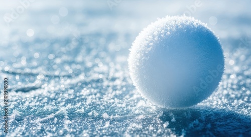 Crisp white spherical snowball rests on a textured icy surface during a bright winter day, showcasing detailed frost crystals and shadows, polar, background, drift