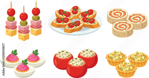 Konstfotografi Gourmet Finger Food and Appetizer Set Featuring Canape Skewers Tomato Bruschetta