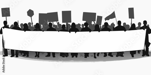 Schilderij op canvas Protest Banner With Crowd Silhouettes Grayscale Vector Illustration On White Bac