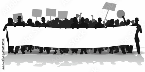 фотографія Protest Banner Held By Crowd Silhouette Illustration With Reflection On White