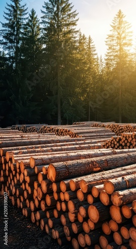Sunlight filters through towering evergreen trees onto a vast collection of freshly cut timber trunks arranged in organized piles outdoors, evergreen, biomass, wood