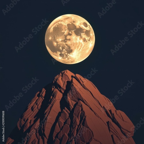 Textured moon hangs in dark sky above a prominent foreground rock, void, gloom, stellar