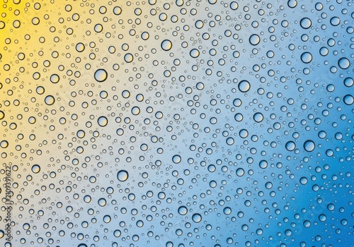 Tiny translucent droplets of condensation clinging to a smooth glass surface, creating a delicate texture of moisture and soft reflections, vapor, rainy, clear