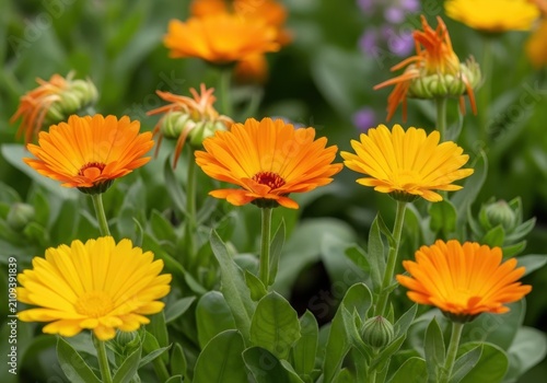 Vibrant orange and yellow calendula flowers blooming in a natural garden setting, showing petals, green leaves, and medicinal herbs, summer, leaf, agriculture